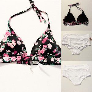 Pink Victoria Secret Sz L Black Floral Triangle Swim Top High Waist Bikini